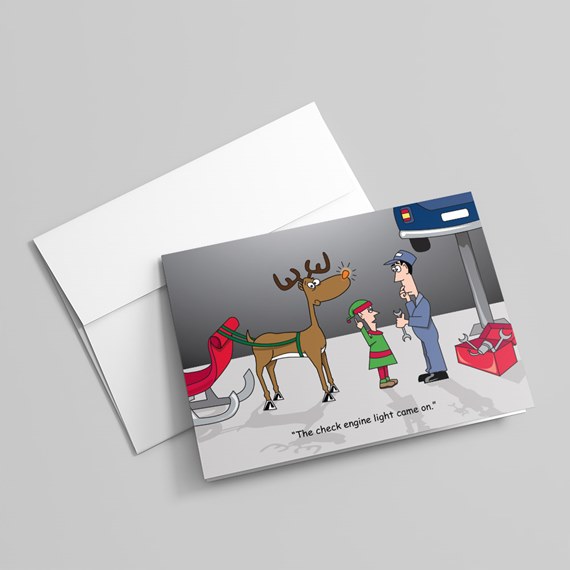 cartoon scene with reindeer, elf, and mechanic, text placeholder
